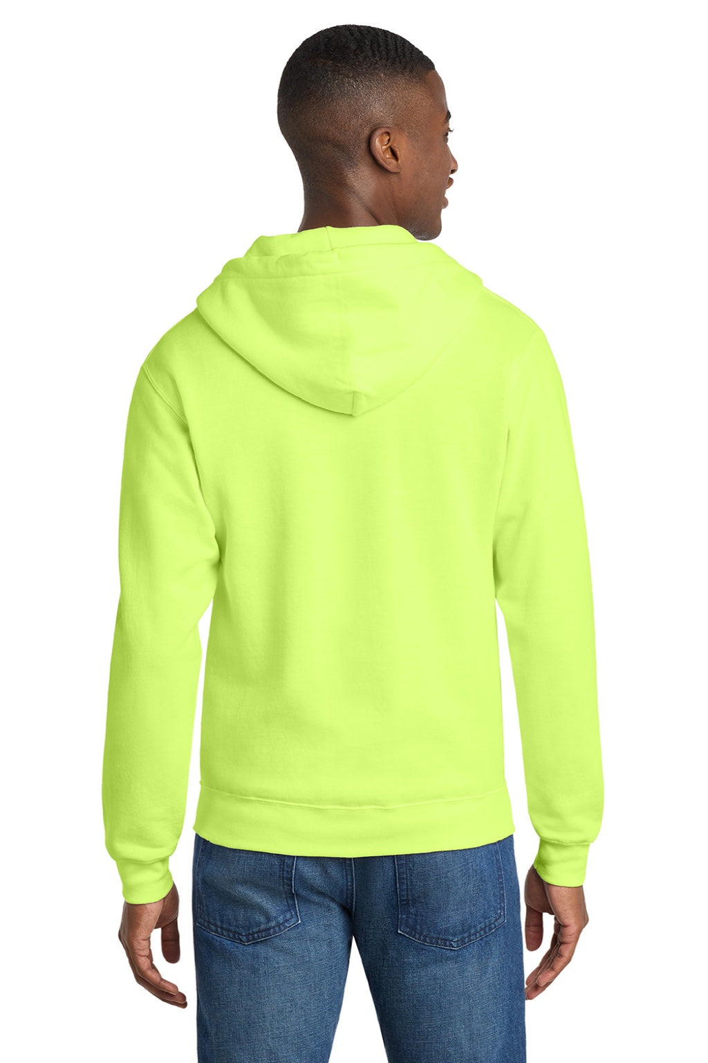 Port & Company PC78ZH Mens Core Pill Resistant Fleece Full Zip Hooded Sweatshirt Hoodie w/ Pockets Neon Yellow Model Back