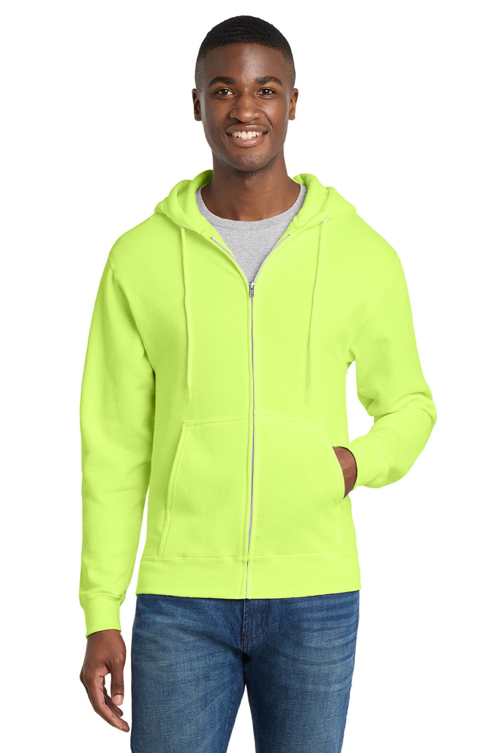 Port & Company PC78ZH Mens Core Pill Resistant Fleece Full Zip Hooded Sweatshirt Hoodie w/ Pockets Neon Yellow Model Front