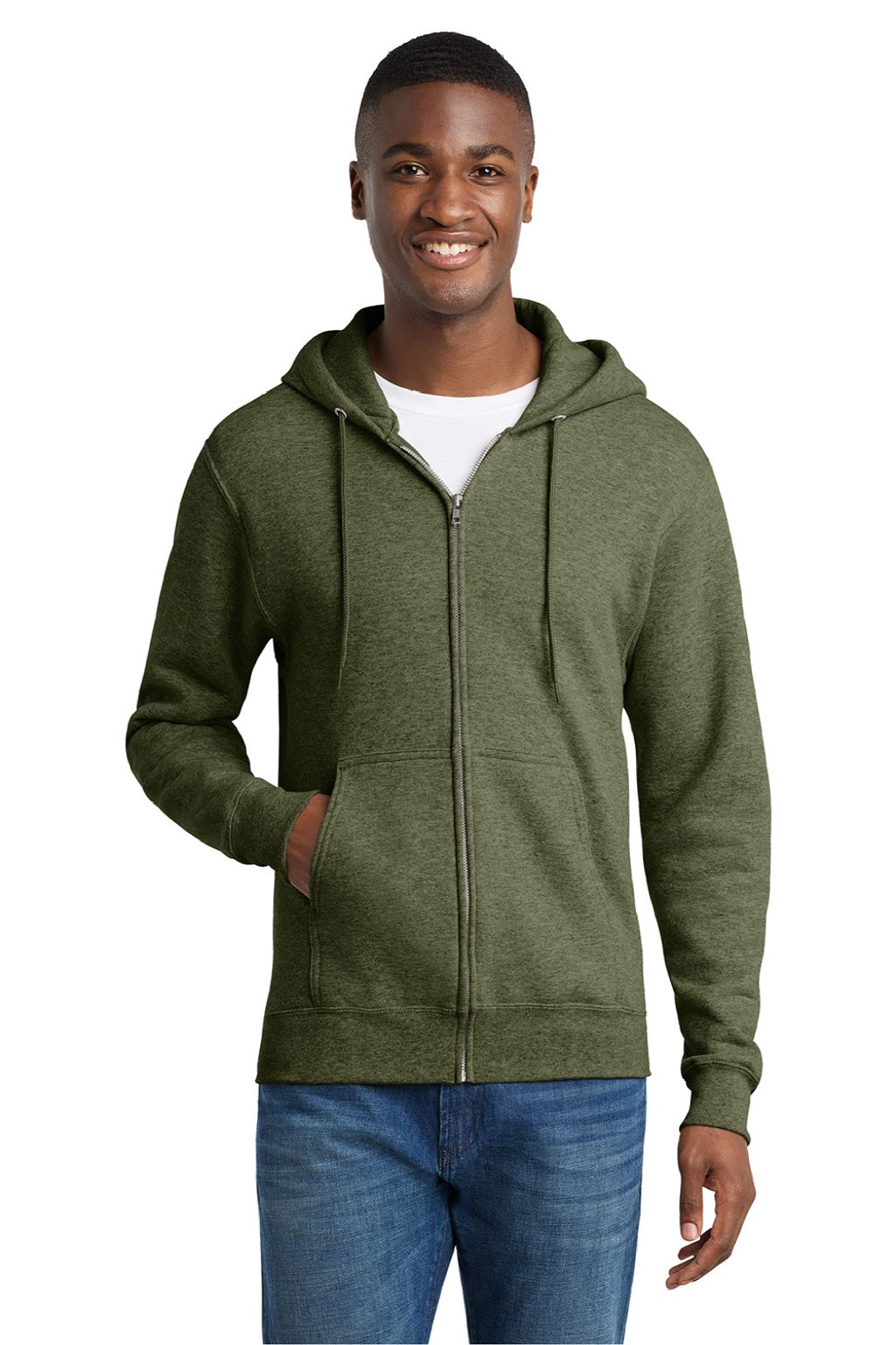 Port & Company PC78ZH Mens Core Pill Resistant Fleece Full Zip Hooded Sweatshirt Hoodie w/ Pockets Heather Olive Drab Green Model Front