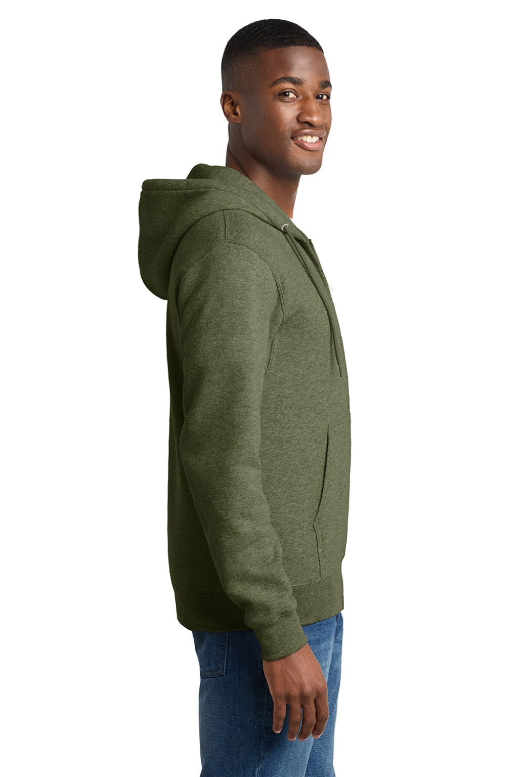 Port & Company PC78ZH Mens Core Pill Resistant Fleece Full Zip Hooded Sweatshirt Hoodie w/ Pockets Heather Olive Drab Green Model Side