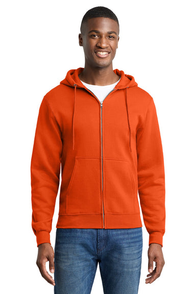 Port & Company PC78ZH Mens Core Pill Resistant Fleece Full Zip Hooded Sweatshirt Hoodie w/ Pockets Orange Model Front