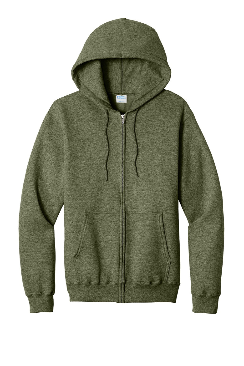 Port & Company PC78ZH Mens Core Pill Resistant Fleece Full Zip Hooded Sweatshirt Hoodie w/ Pockets Heather Olive Drab Green Flat Front