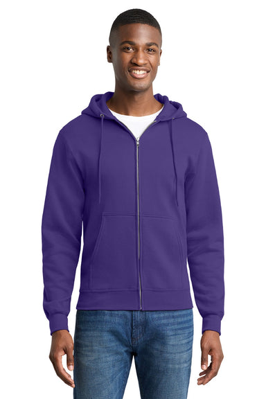 Port & Company PC78ZH Mens Core Pill Resistant Fleece Full Zip Hooded Sweatshirt Hoodie w/ Pockets Purple Model Front