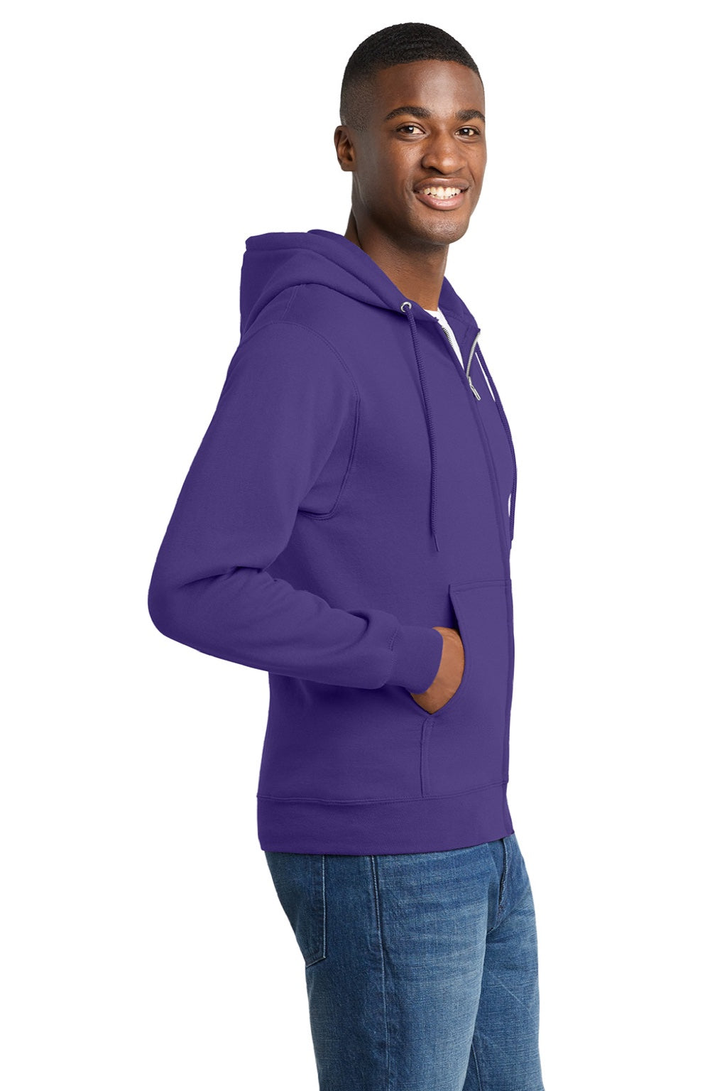 Port & Company PC78ZH Mens Core Pill Resistant Fleece Full Zip Hooded Sweatshirt Hoodie w/ Pockets Purple Model Side