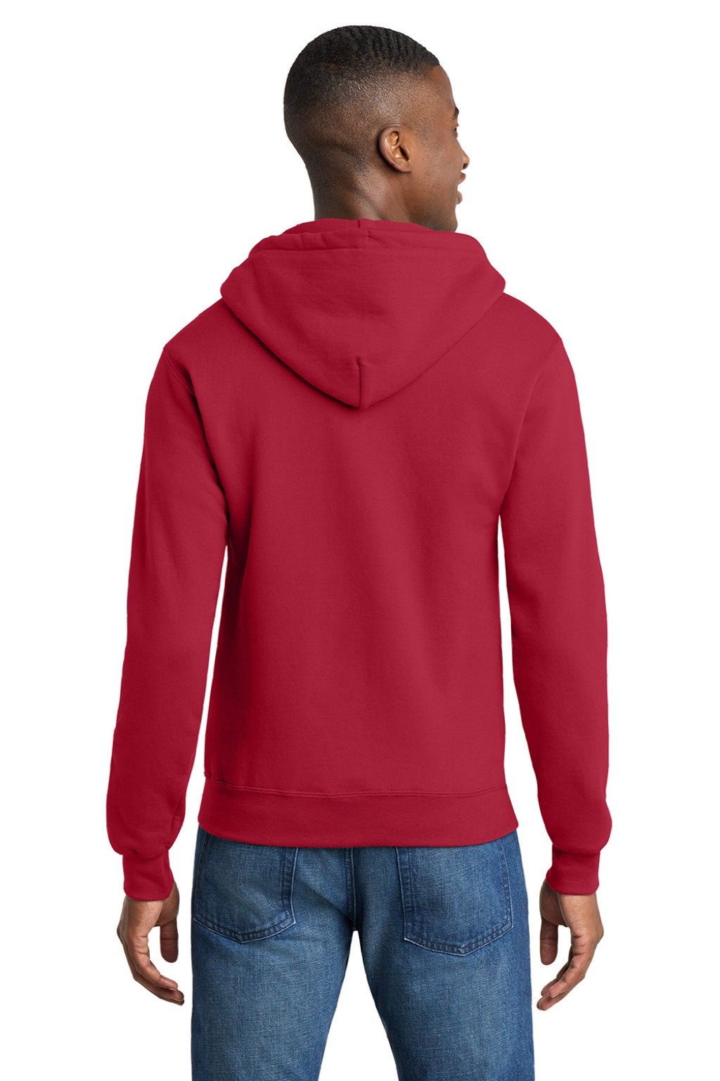 Port & Company PC78ZH Mens Core Pill Resistant Fleece Full Zip Hooded Sweatshirt Hoodie w/ Pockets Red Model Back