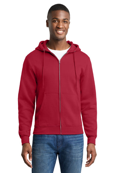 Port & Company PC78ZH Mens Core Pill Resistant Fleece Full Zip Hooded Sweatshirt Hoodie w/ Pockets Red Model Front