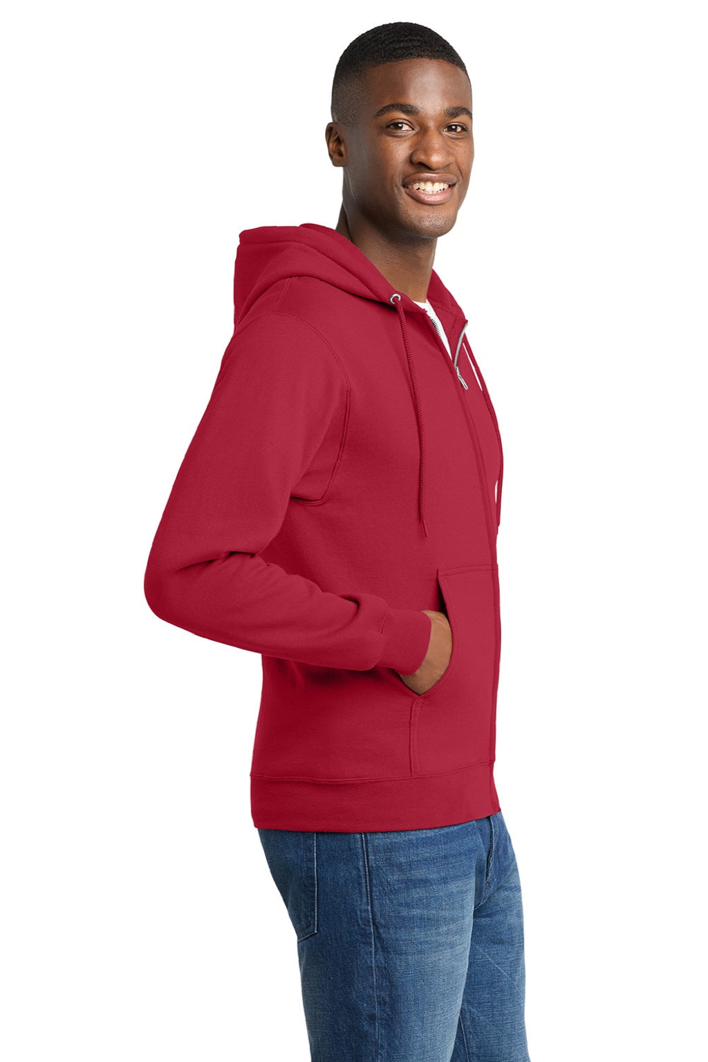Port & Company PC78ZH Mens Core Pill Resistant Fleece Full Zip Hooded Sweatshirt Hoodie w/ Pockets Red Model Side