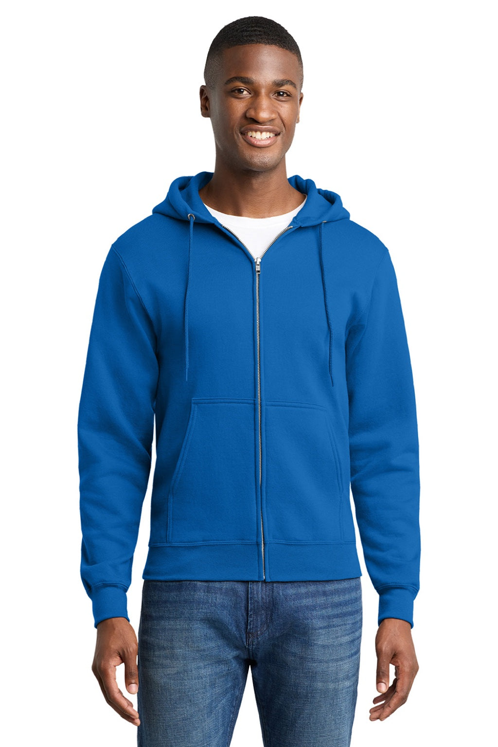 Port & Company PC78ZH Mens Core Pill Resistant Fleece Full Zip Hooded Sweatshirt Hoodie w/ Pockets Royal Blue Model Front