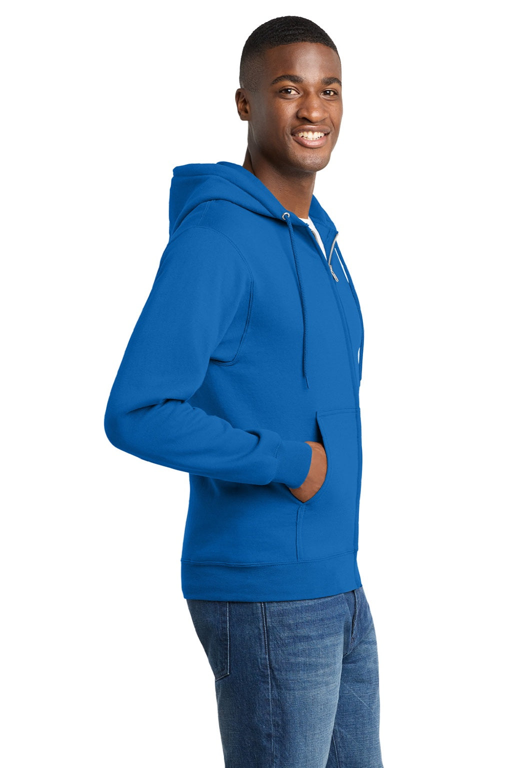Port & Company PC78ZH Mens Core Pill Resistant Fleece Full Zip Hooded Sweatshirt Hoodie w/ Pockets Royal Blue Model Side