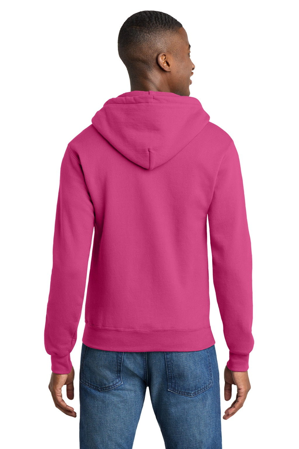 Port & Company PC78ZH Mens Core Pill Resistant Fleece Full Zip Hooded Sweatshirt Hoodie w/ Pockets Sangria Pink Model Back