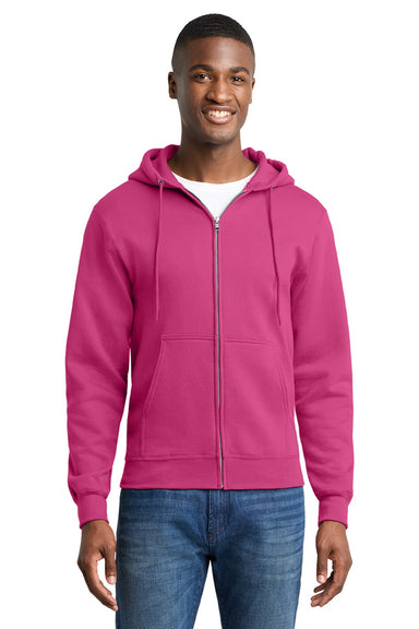 Port & Company PC78ZH Mens Core Pill Resistant Fleece Full Zip Hooded Sweatshirt Hoodie w/ Pockets Sangria Pink Model Front