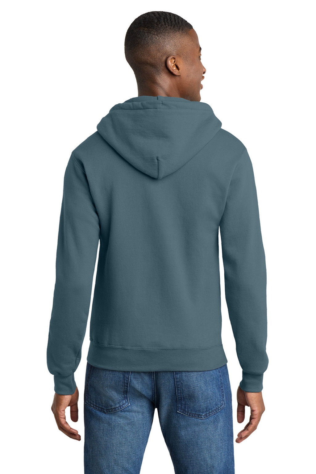 Port & Company PC78ZH Mens Core Pill Resistant Fleece Full Zip Hooded Sweatshirt Hoodie w/ Pockets Steel Blue Model Back