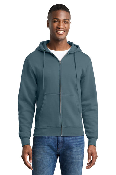 Port & Company PC78ZH Mens Core Pill Resistant Fleece Full Zip Hooded Sweatshirt Hoodie w/ Pockets Steel Blue Model Front