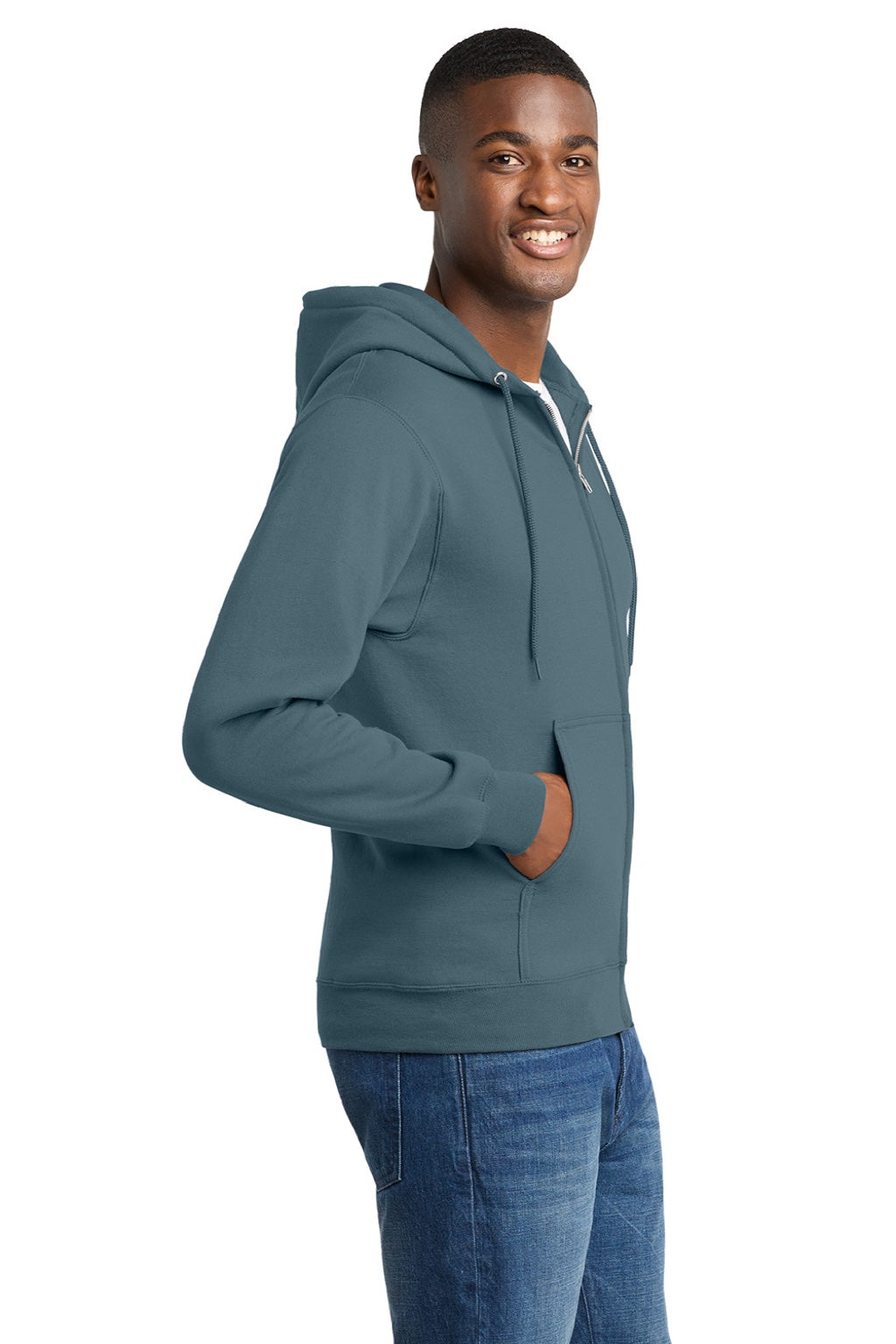 Port & Company PC78ZH Mens Core Pill Resistant Fleece Full Zip Hooded Sweatshirt Hoodie w/ Pockets Steel Blue Model Side