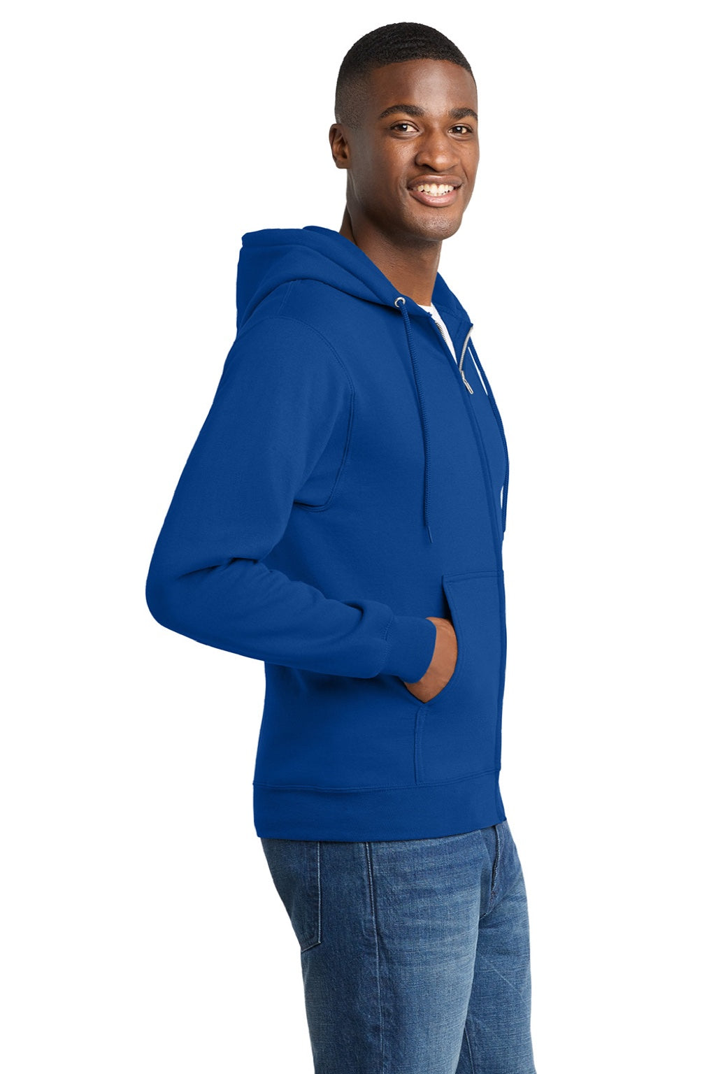 Port & Company PC78ZH Mens Core Pill Resistant Fleece Full Zip Hooded Sweatshirt Hoodie w/ Pockets True Royal Blue Model Side