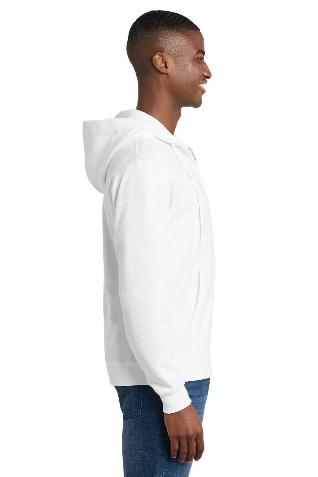 Port & Company PC78ZH Mens Core Pill Resistant Fleece Full Zip Hooded Sweatshirt Hoodie w/ Pockets White Model Side