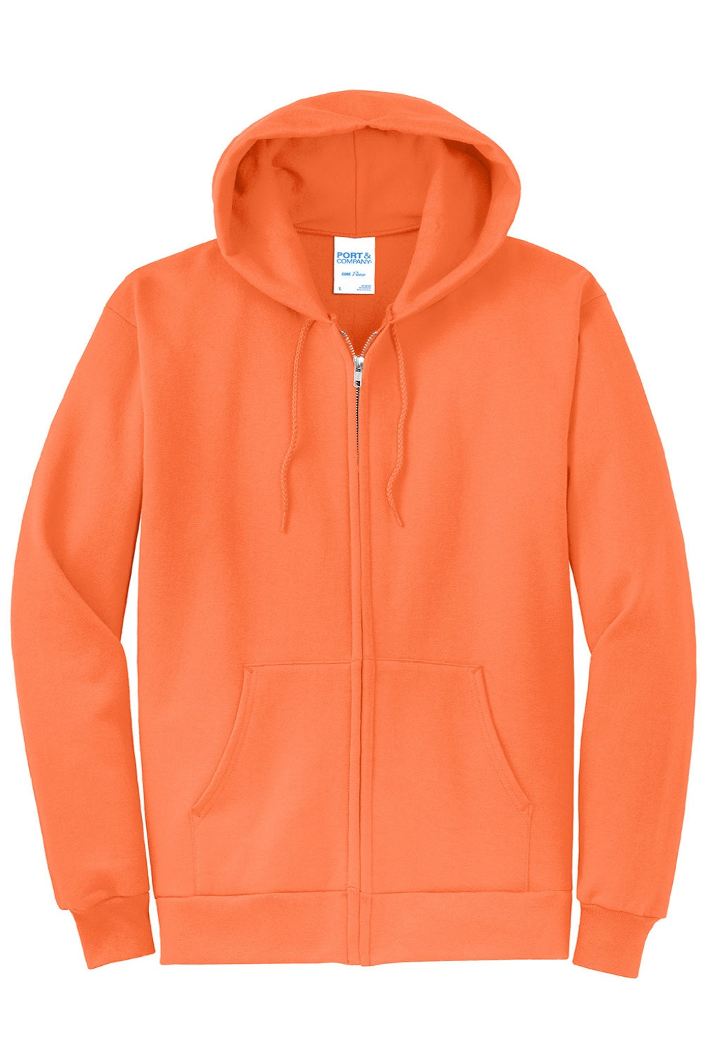 Port & Company PC78ZH Mens Core Pill Resistant Fleece Full Zip Hooded Sweatshirt Hoodie w/ Pockets Neon Orange Flat Front