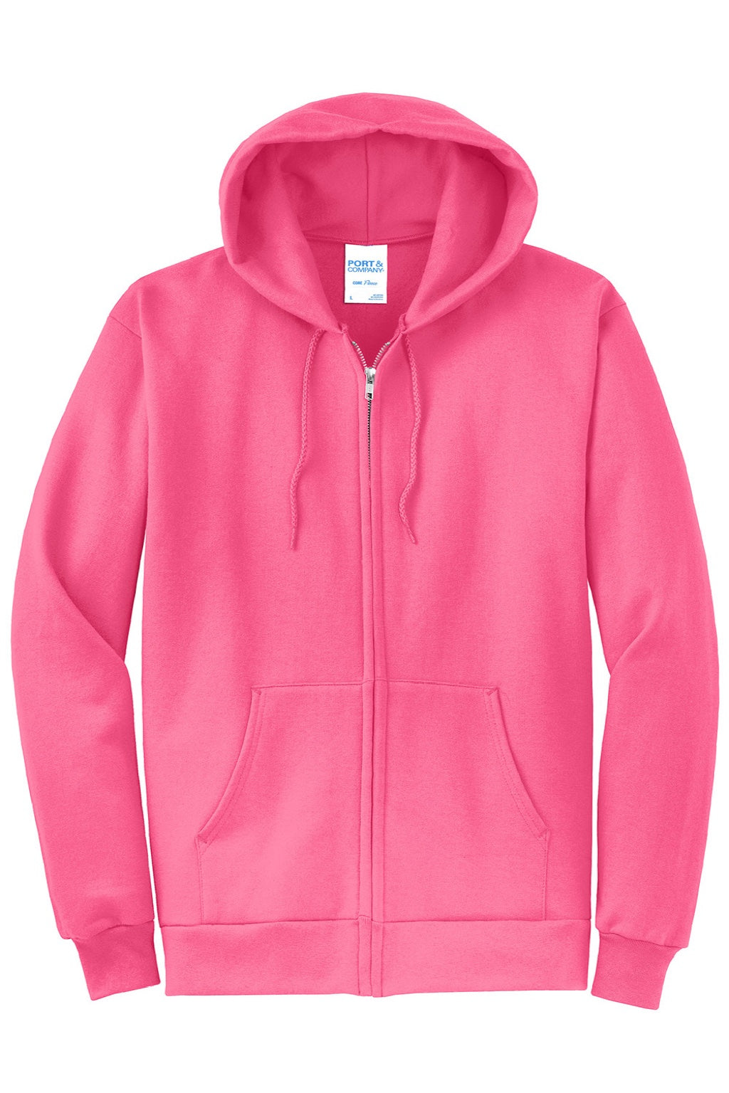 Port & Company PC78ZH Mens Core Pill Resistant Fleece Full Zip Hooded Sweatshirt Hoodie w/ Pockets Neon Pink Flat Front