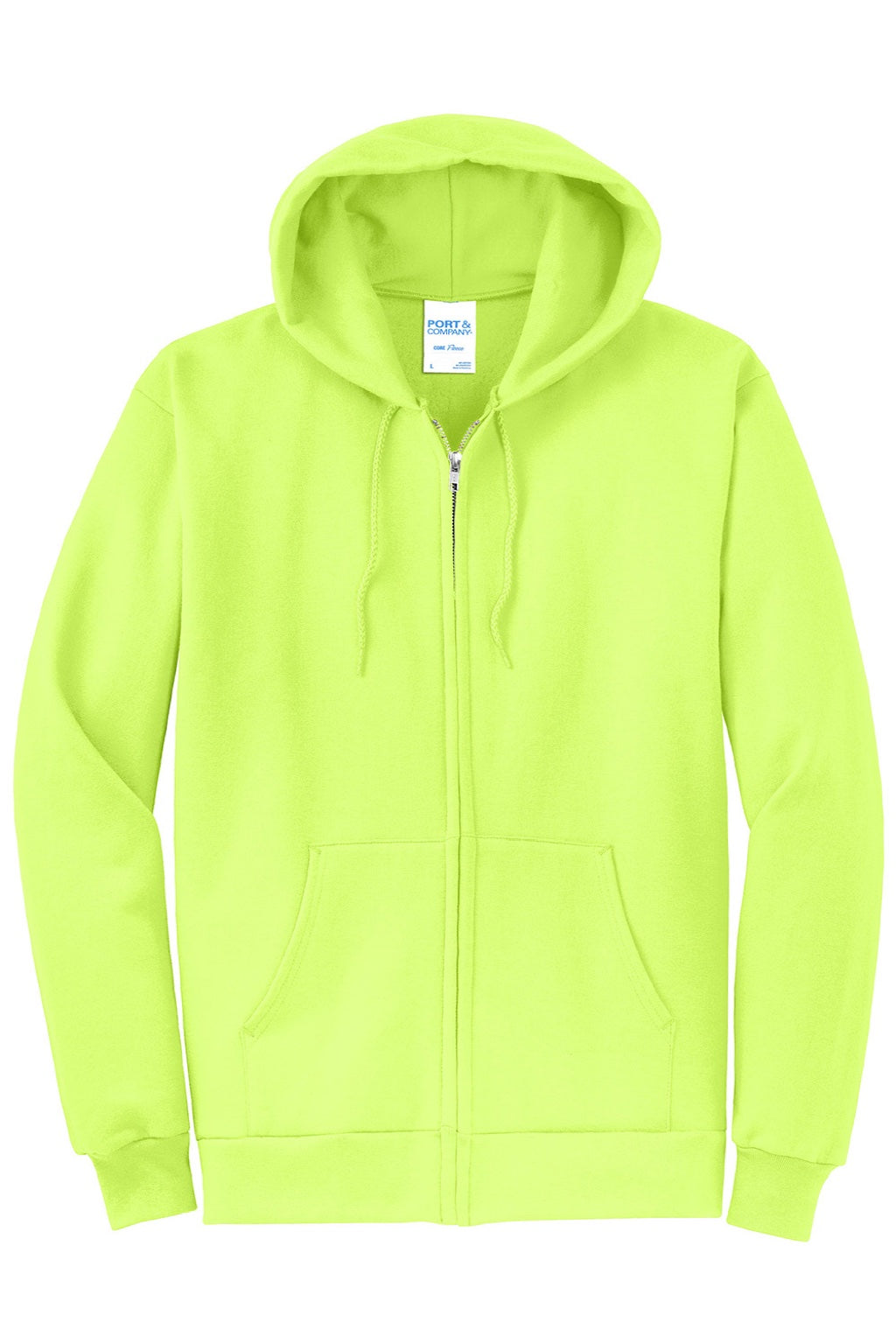 Port & Company PC78ZH Mens Core Pill Resistant Fleece Full Zip Hooded Sweatshirt Hoodie w/ Pockets Neon Yellow Flat Front