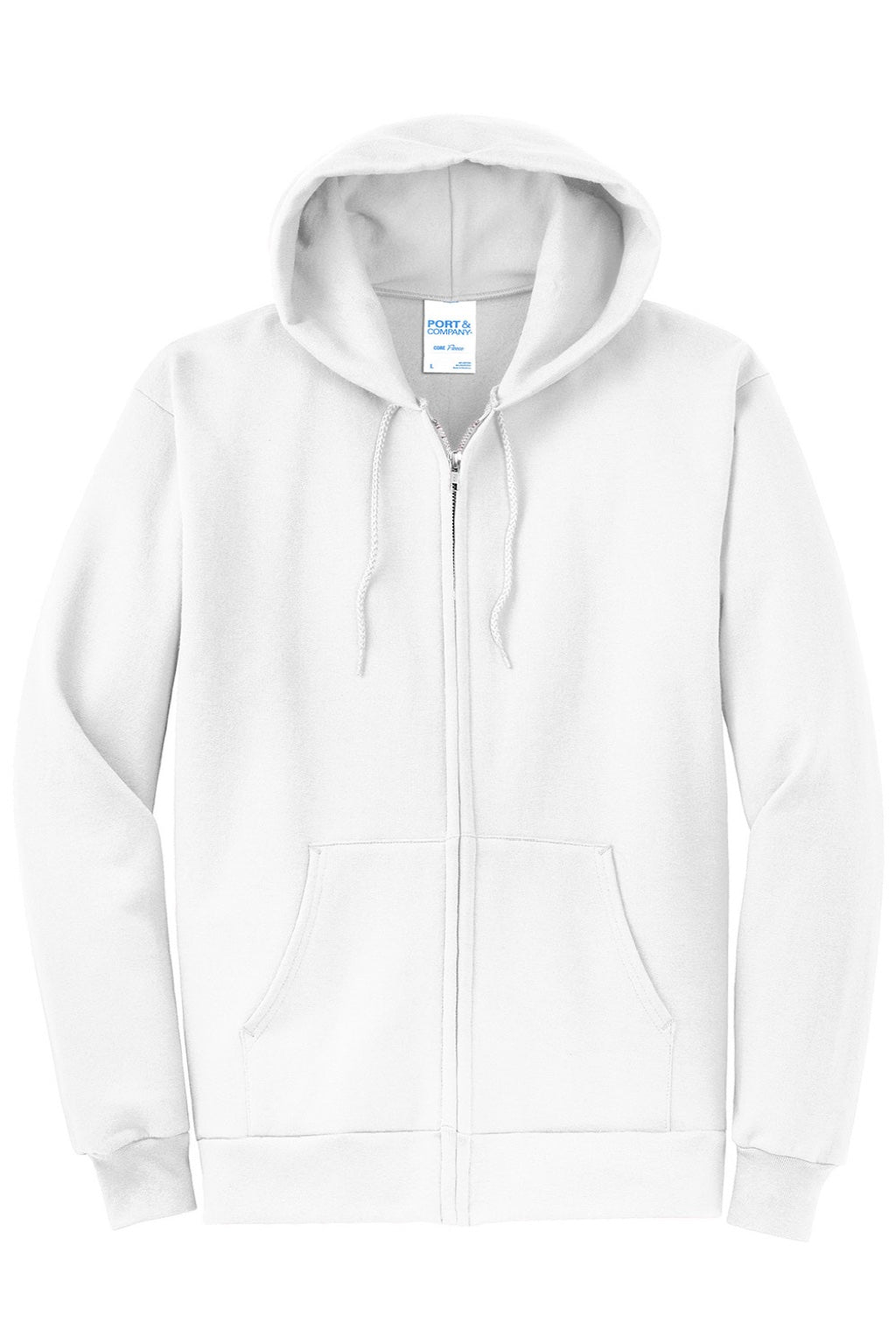 Port & Company PC78ZH Mens Core Pill Resistant Fleece Full Zip Hooded Sweatshirt Hoodie w/ Pockets White Flat Front