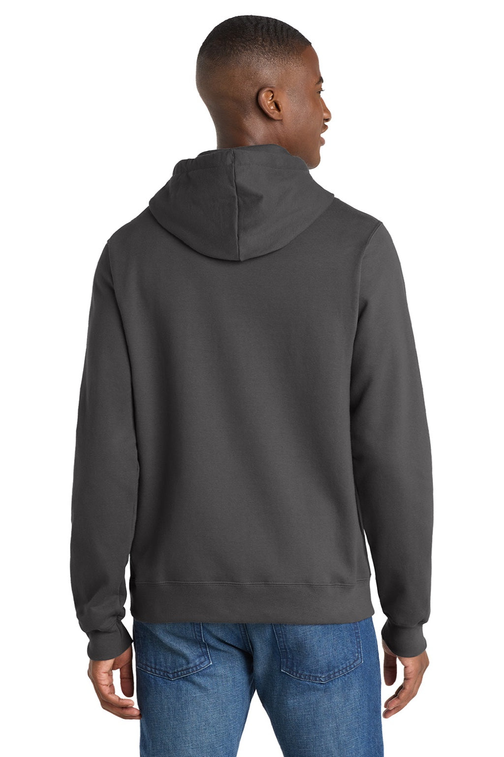 Port & Company PC850H Mens Fan Favorite Fleece Hooded Sweatshirt Hoodie w/ Pouch Pocket Charcoal Grey Model Back