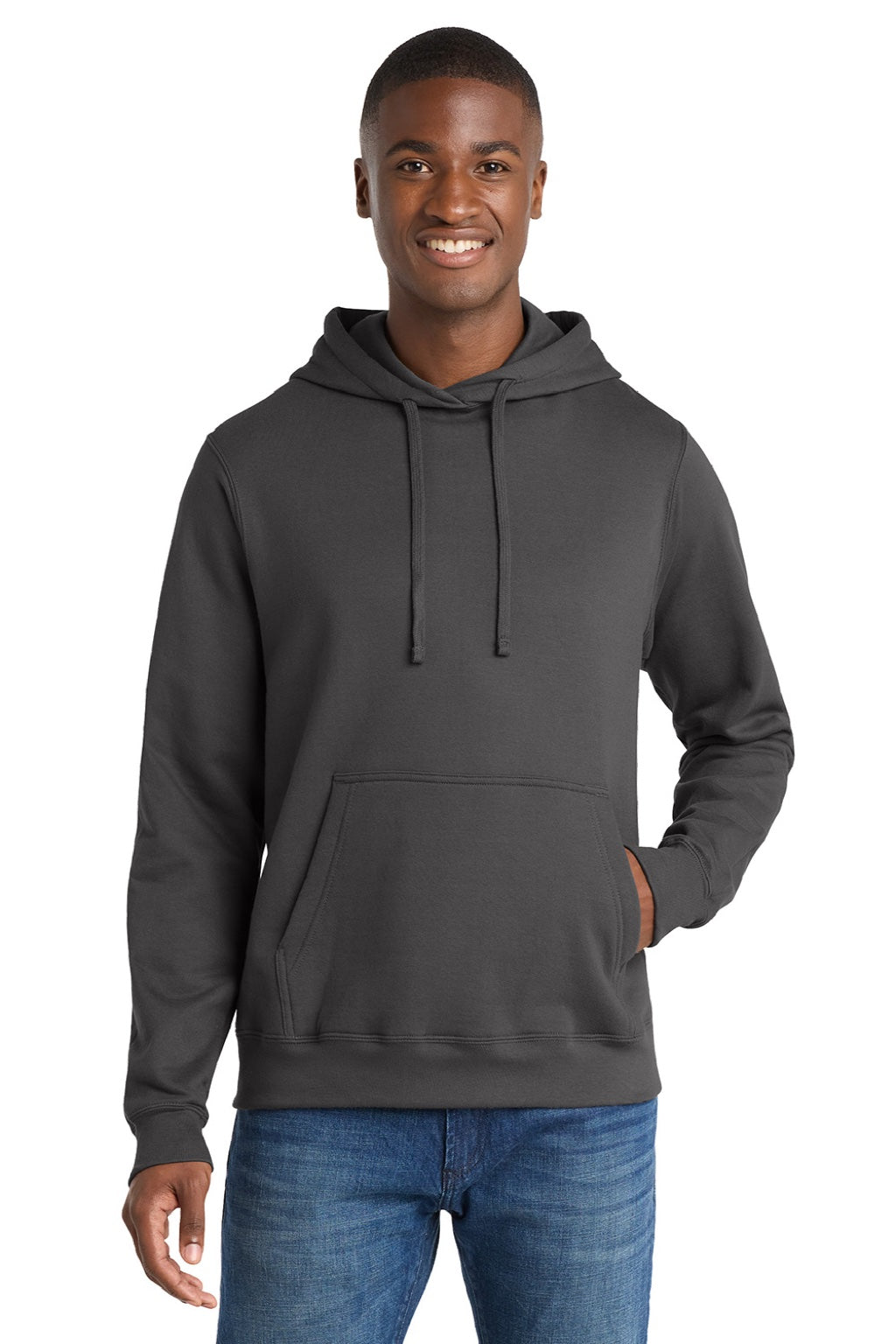 Port & Company PC850H Mens Fan Favorite Fleece Hooded Sweatshirt Hoodie w/ Pouch Pocket Charcoal Grey Model Front