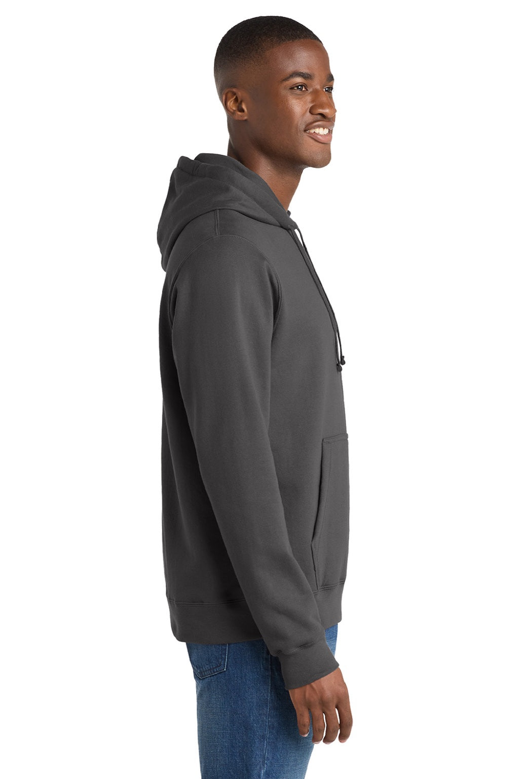 Port & Company PC850H Mens Fan Favorite Fleece Hooded Sweatshirt Hoodie w/ Pouch Pocket Charcoal Grey Model Side