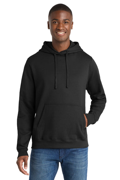 Port & Company PC850H Mens Fan Favorite Fleece Hooded Sweatshirt Hoodie w/ Pouch Pocket Jet Black Model Front