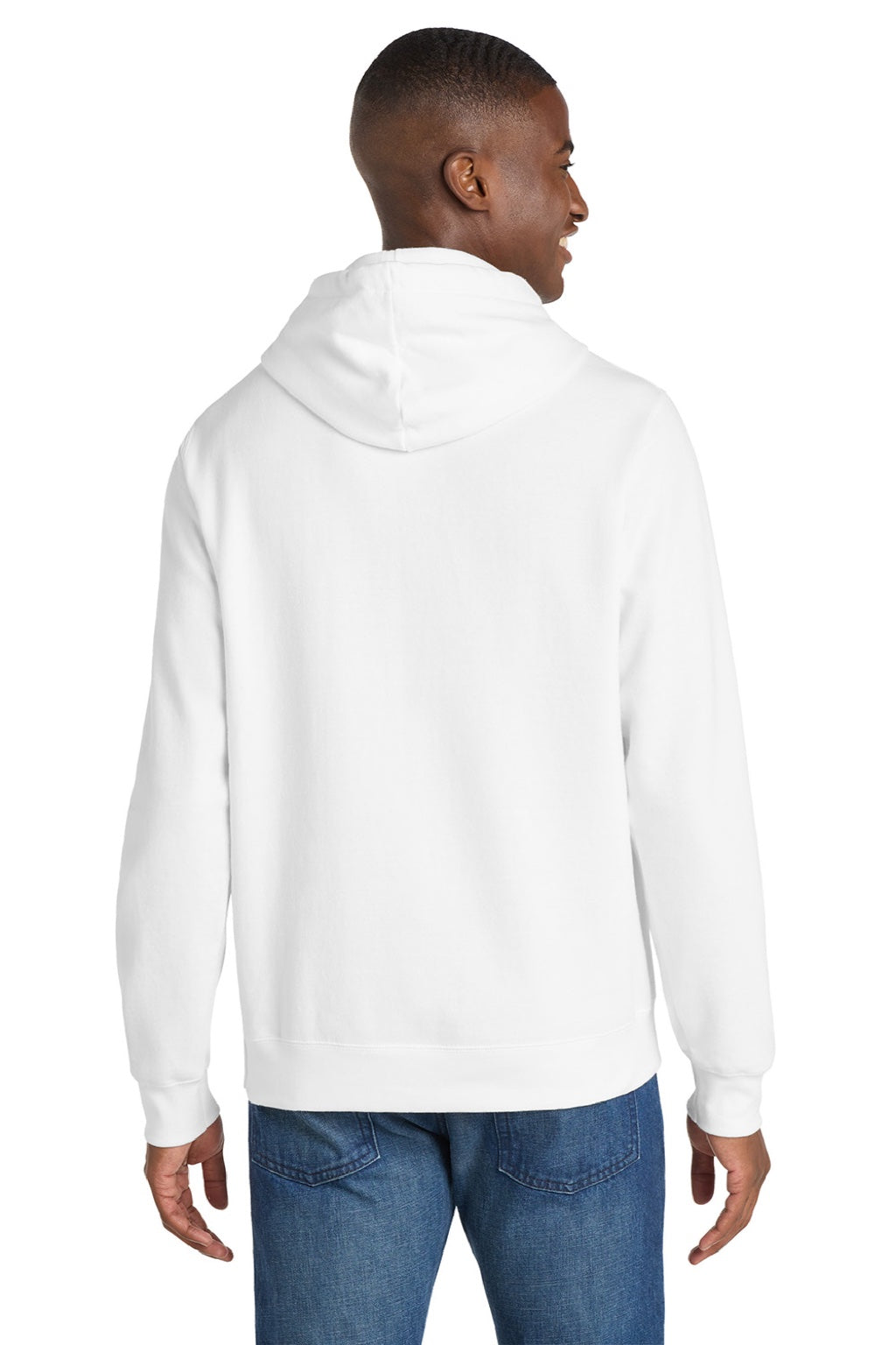 Port & Company PC850H Mens Fan Favorite Fleece Hooded Sweatshirt Hoodie w/ Pouch Pocket White Model Back
