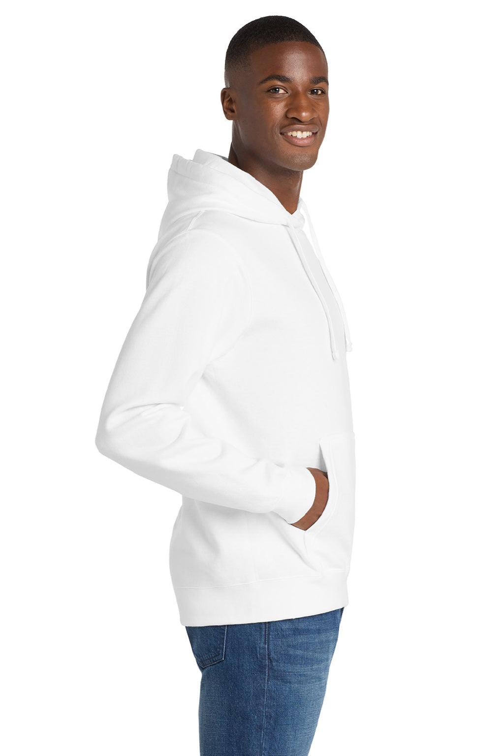Port & Company PC850H Mens Fan Favorite Fleece Hooded Sweatshirt Hoodie w/ Pouch Pocket White Model Side