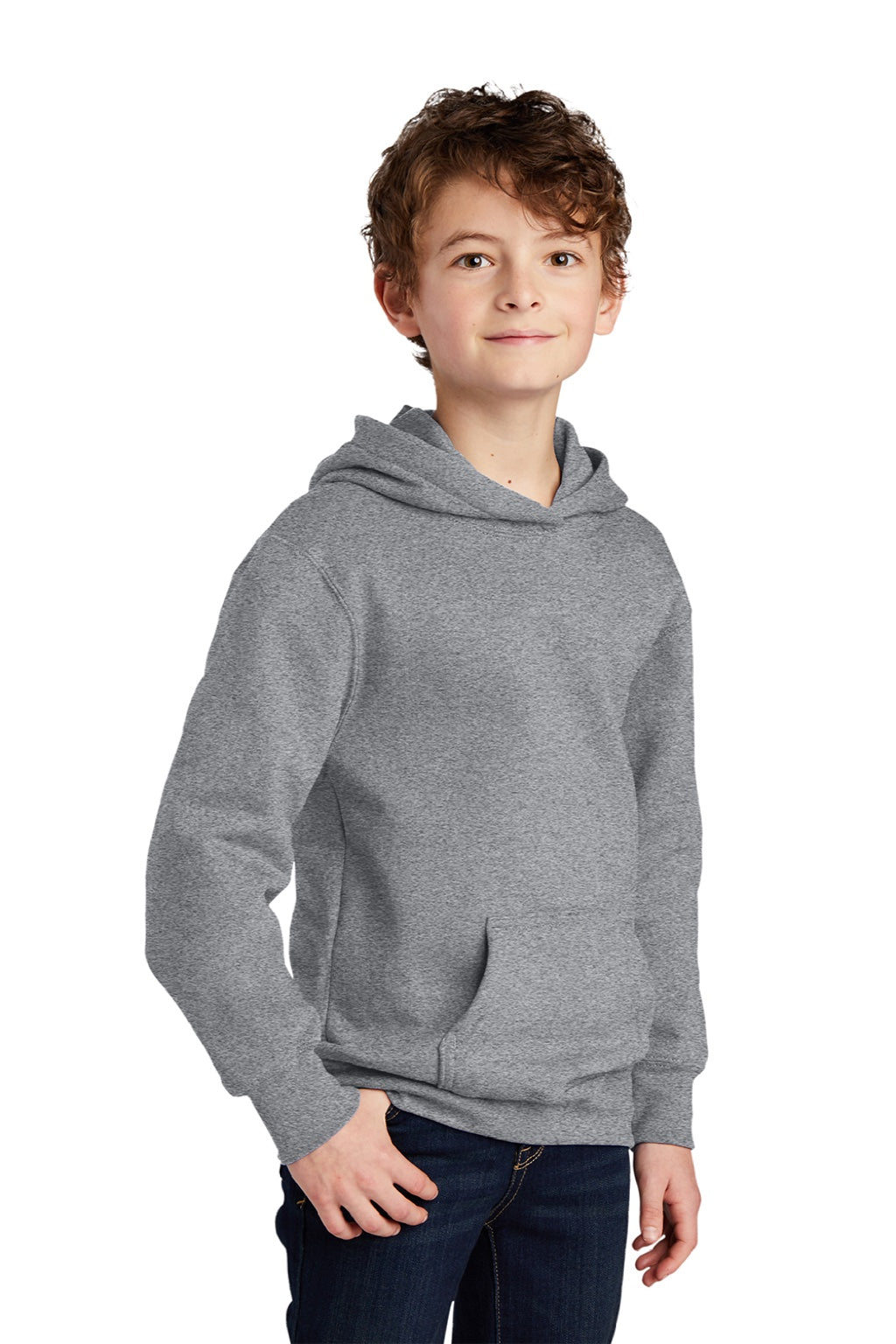 Port & Company PC850YH Youth Fan Favorite Fleece Hooded Sweatshirt Hoodie w/ Pouch Pocket Heather Grey Model 3q