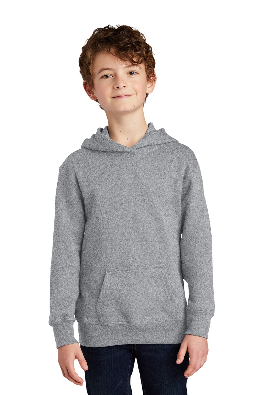 Port & Company PC850YH Youth Fan Favorite Fleece Hooded Sweatshirt Hoodie w/ Pouch Pocket Heather Grey Model Front