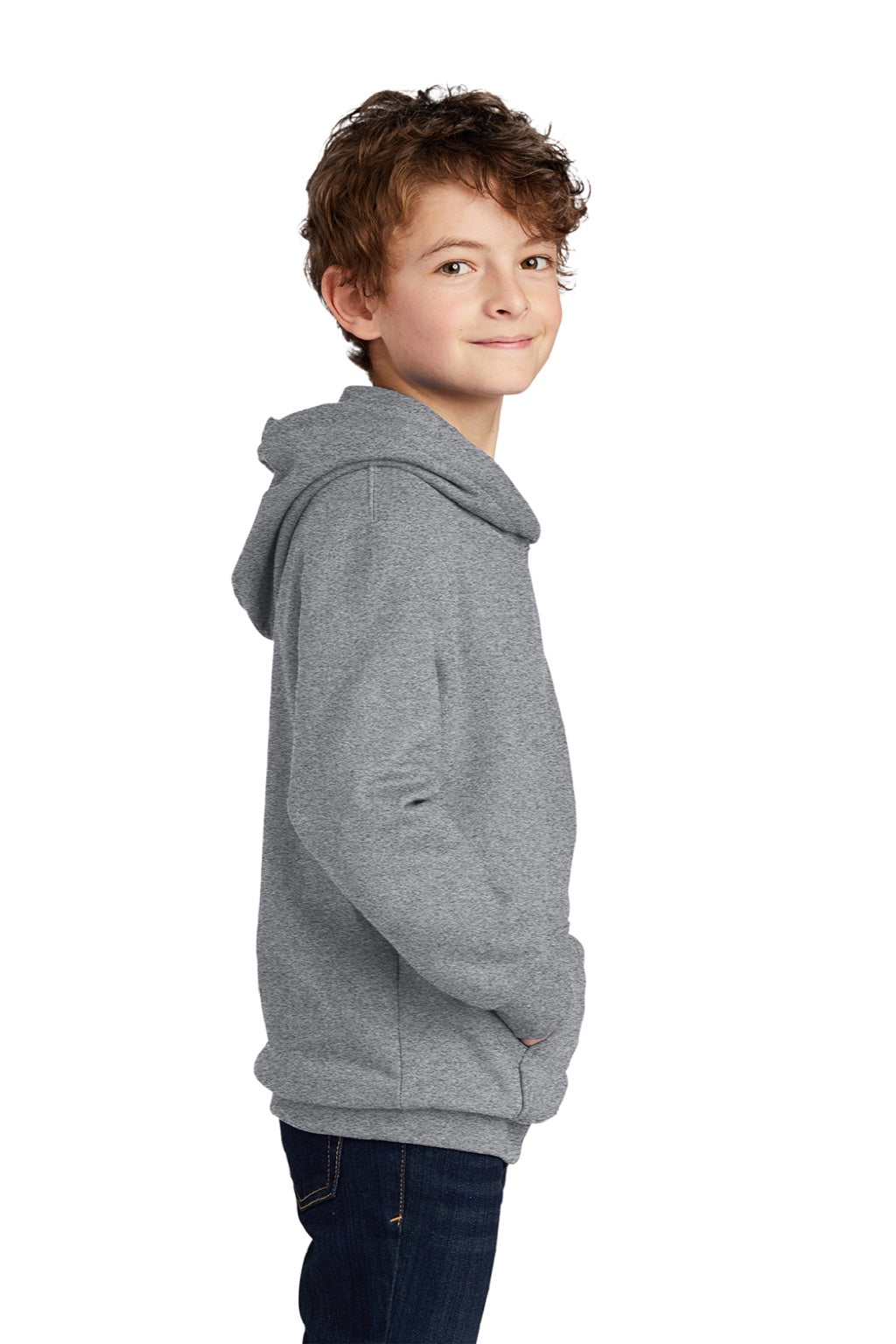 Port & Company PC850YH Youth Fan Favorite Fleece Hooded Sweatshirt Hoodie w/ Pouch Pocket Heather Grey Model Side