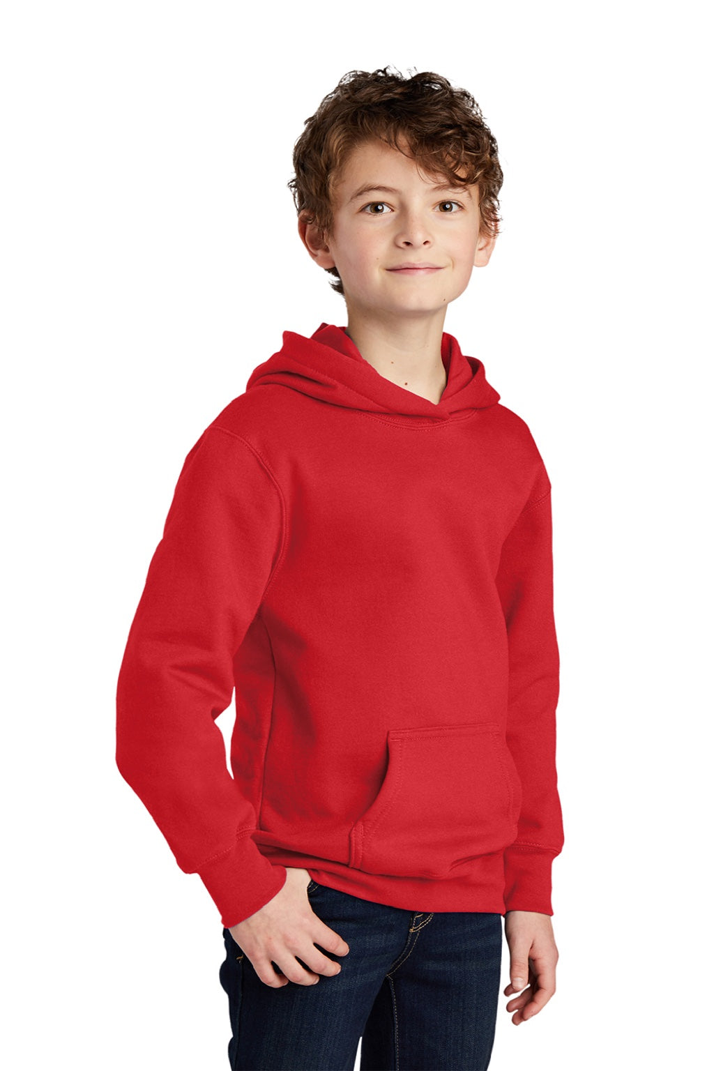 Port & Company PC850YH Youth Fan Favorite Fleece Hooded Sweatshirt Hoodie w/ Pouch Pocket Bright Red Model 3q
