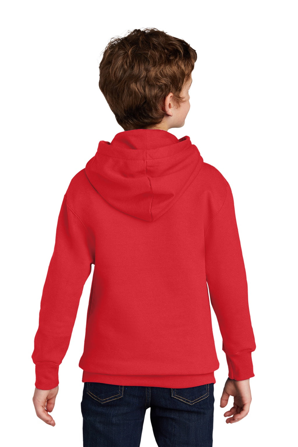 Port & Company PC850YH Youth Fan Favorite Fleece Hooded Sweatshirt Hoodie w/ Pouch Pocket Bright Red Model Back