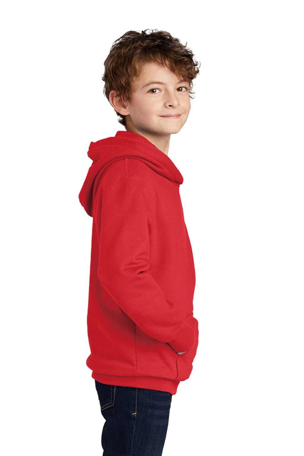 Port & Company PC850YH Youth Fan Favorite Fleece Hooded Sweatshirt Hoodie w/ Pouch Pocket Bright Red Model Side
