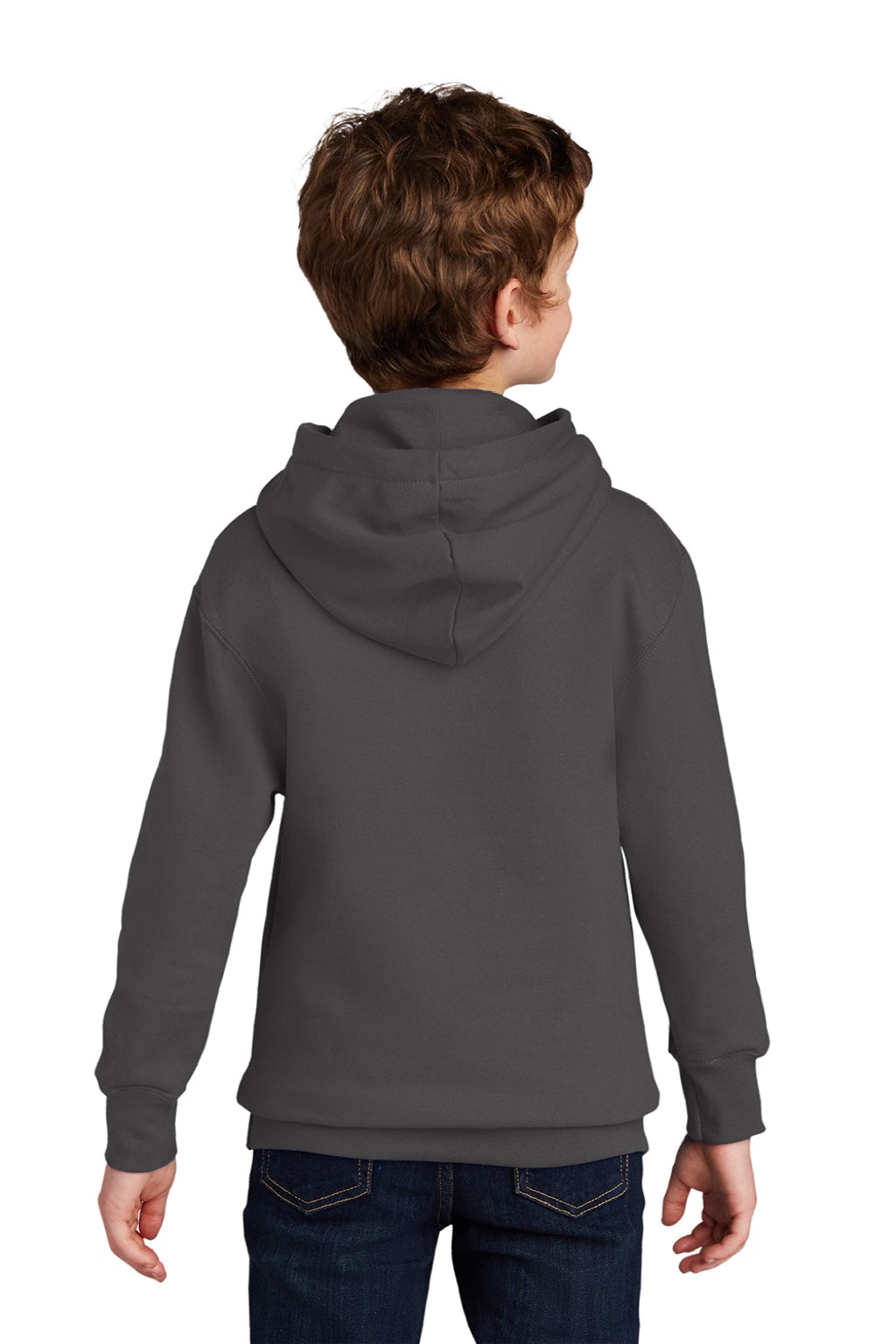 Port & Company PC850YH Youth Fan Favorite Fleece Hooded Sweatshirt Hoodie w/ Pouch Pocket Charcoal Grey Model Back