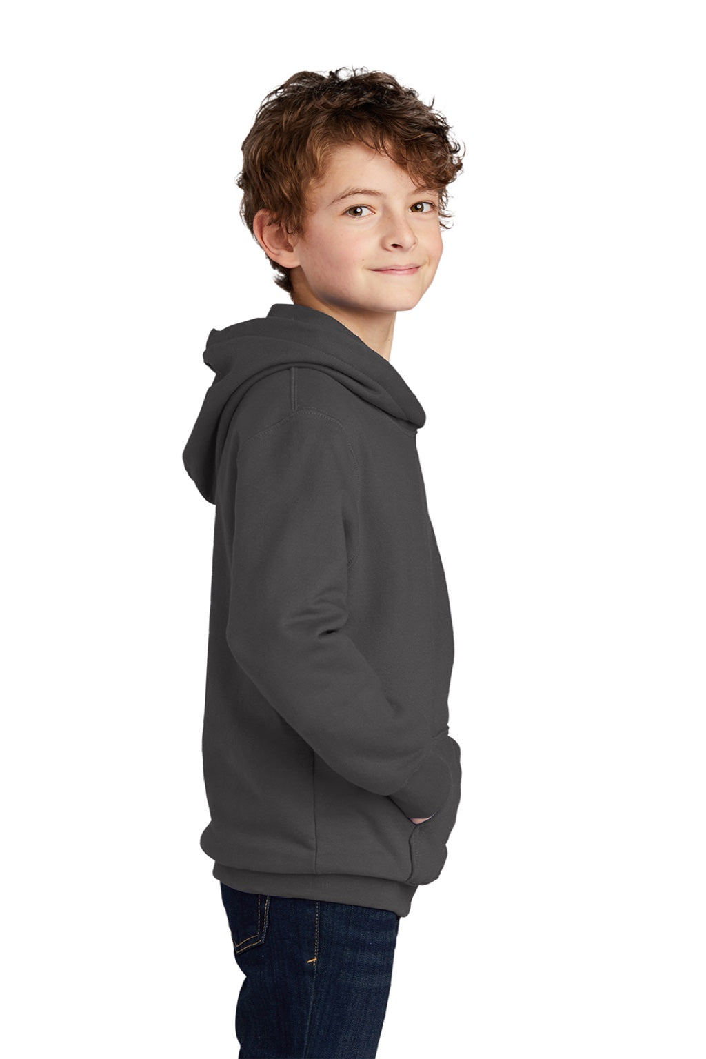 Port & Company PC850YH Youth Fan Favorite Fleece Hooded Sweatshirt Hoodie w/ Pouch Pocket Charcoal Grey Model Side