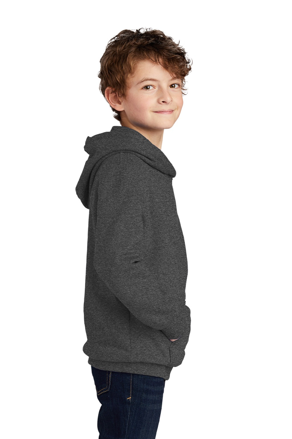 Port & Company PC850YH Youth Fan Favorite Fleece Hooded Sweatshirt Hoodie w/ Pouch Pocket Heather Dark Grey Model Side