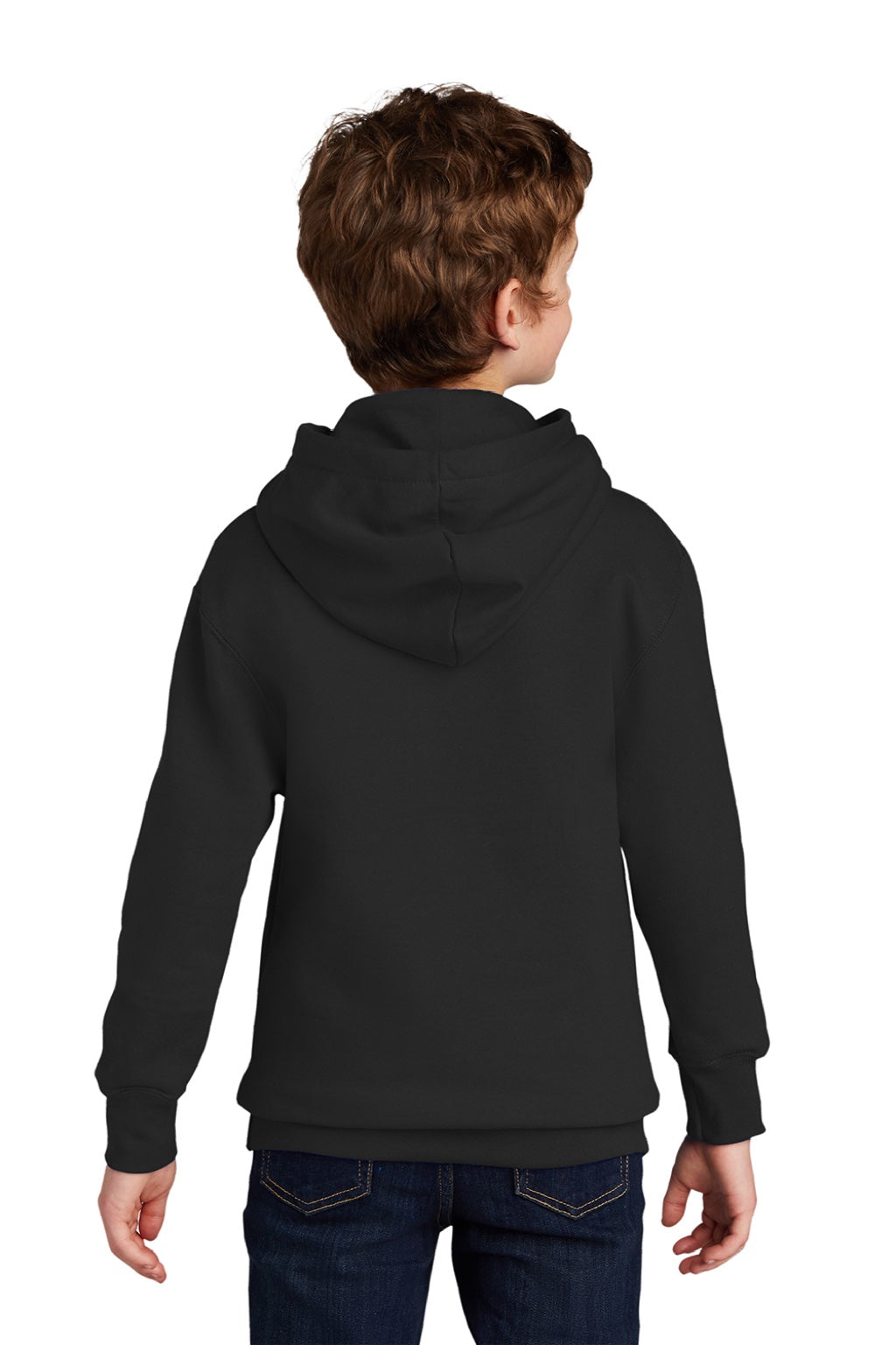 Port & Company PC850YH Youth Fan Favorite Fleece Hooded Sweatshirt Hoodie w/ Pouch Pocket Jet Black Model Back