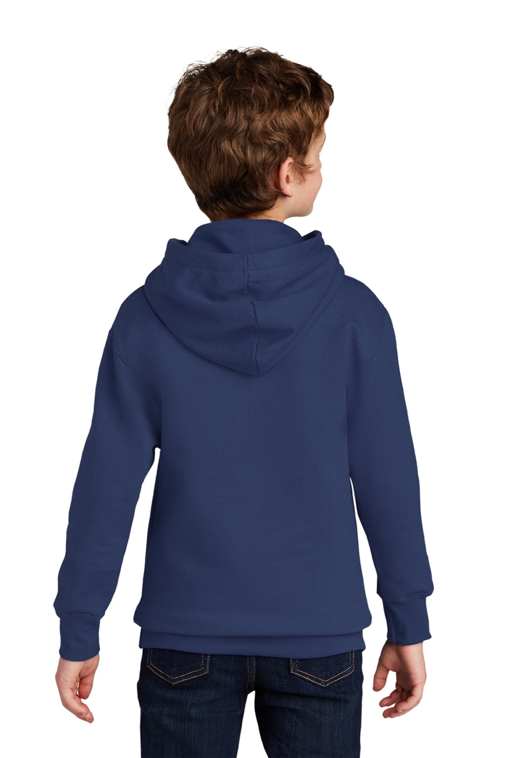 Port & Company PC850YH Youth Fan Favorite Fleece Hooded Sweatshirt Hoodie w/ Pouch Pocket Team Navy Blue Model Back