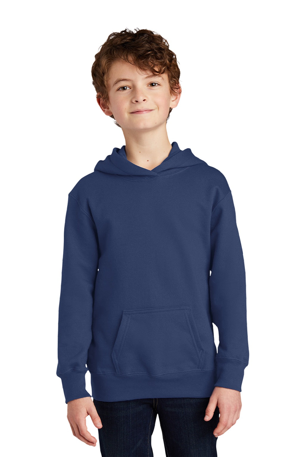 Port & Company PC850YH Youth Fan Favorite Fleece Hooded Sweatshirt Hoodie w/ Pouch Pocket Team Navy Blue Model Front