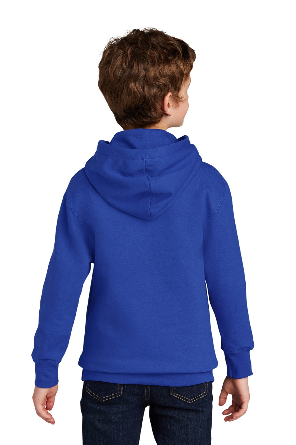 Port & Company PC850YH Youth Fan Favorite Fleece Hooded Sweatshirt Hoodie w/ Pouch Pocket True Royal Blue Model Back