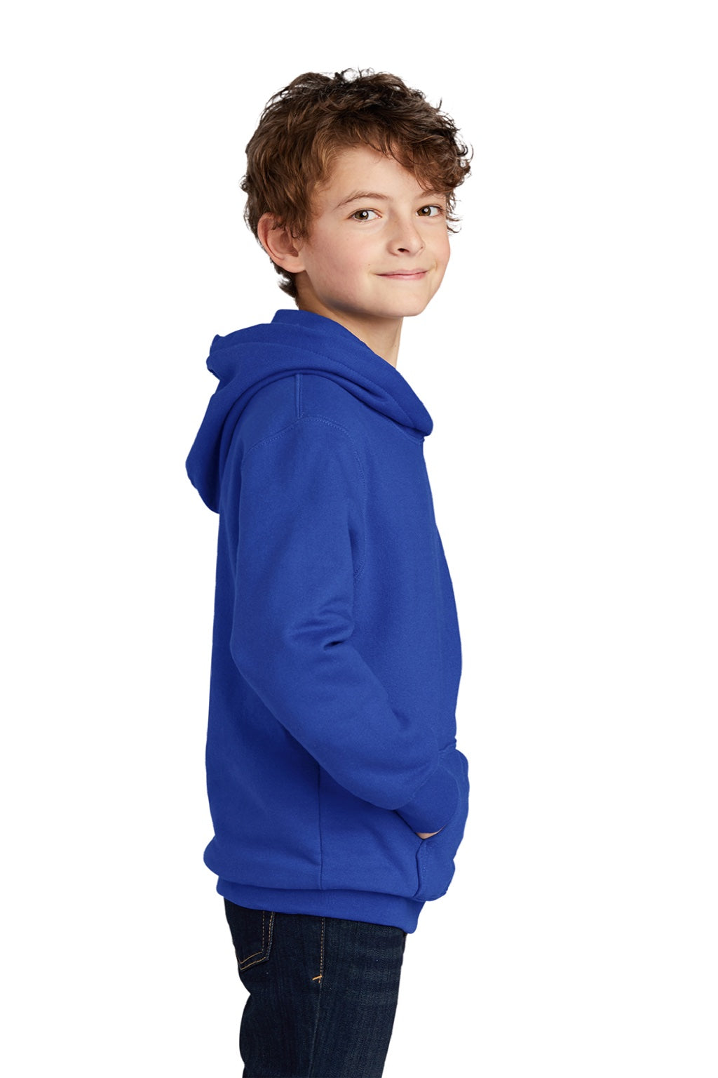 Port & Company PC850YH Youth Fan Favorite Fleece Hooded Sweatshirt Hoodie w/ Pouch Pocket True Royal Blue Model Side