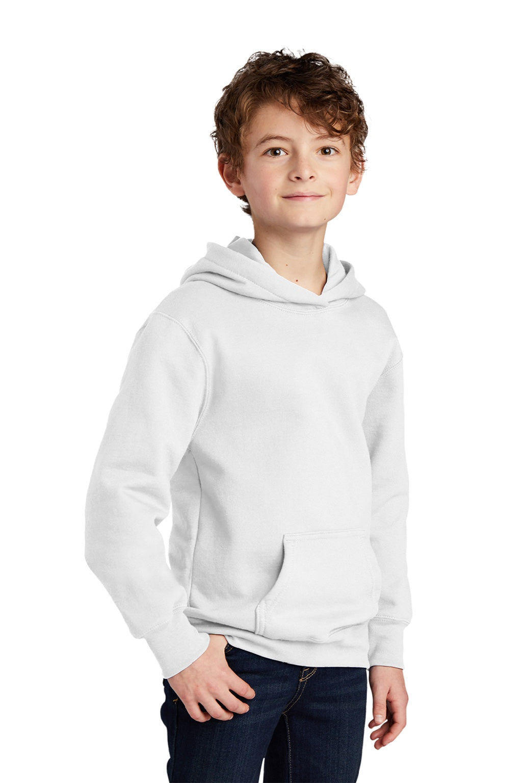 Port & Company PC850YH Youth Fan Favorite Fleece Hooded Sweatshirt Hoodie w/ Pouch Pocket White Model 3q
