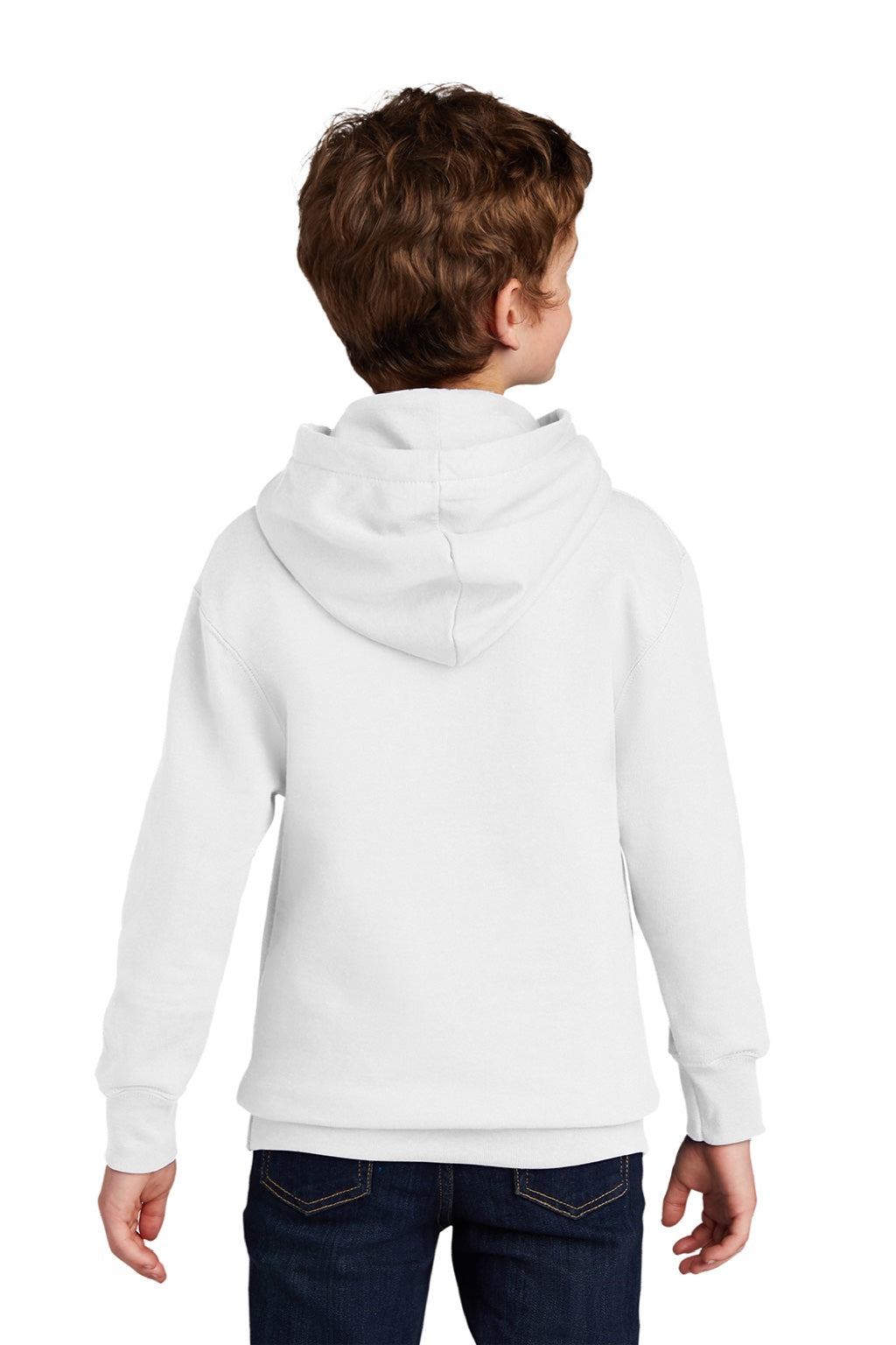 Port & Company PC850YH Youth Fan Favorite Fleece Hooded Sweatshirt Hoodie w/ Pouch Pocket White Model Back
