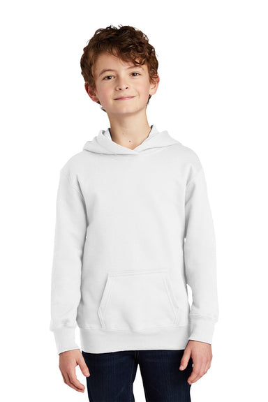 Port & Company PC850YH Youth Fan Favorite Fleece Hooded Sweatshirt Hoodie w/ Pouch Pocket White Model Front