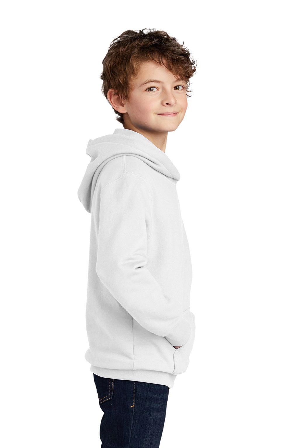 Port & Company PC850YH Youth Fan Favorite Fleece Hooded Sweatshirt Hoodie w/ Pouch Pocket White Model Side
