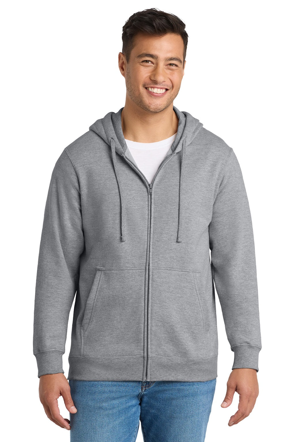 Port & Company PC850ZH Mens Fan Favorite Fleece Full Zip Hooded Sweatshirt Hoodie w/ Pockets Heather Grey Model Front