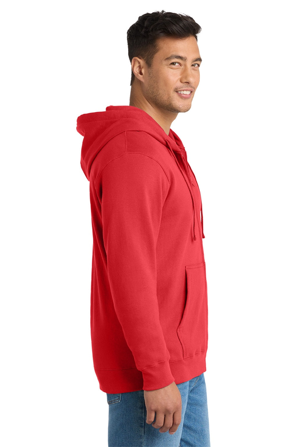 Port & Company PC850ZH Mens Fan Favorite Fleece Full Zip Hooded Sweatshirt Hoodie w/ Pockets Bright Red Model Side